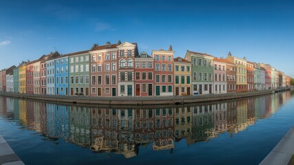 Fototapeta premium Vibrant colorful historic canal houses reflect beautifully in calm blue water under clear sky