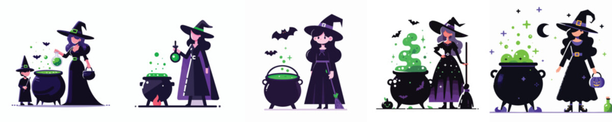 Halloween Witch with Magic Cauldron Vector Illustration Set