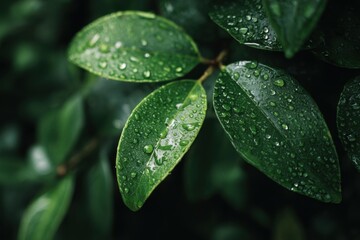 Close-up of wet, vibrant green leaves.  Water droplets cling to the foliage