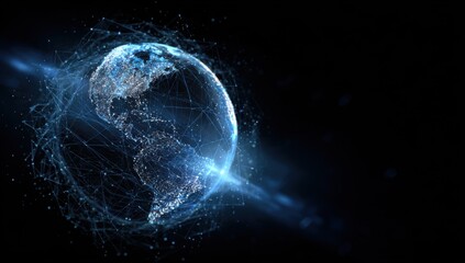Digital globe, network lines,  earth.  3D render of Earth with a complex network of interconnected lines, highlighting the Americas.  Glowing light effects around and behind the globe