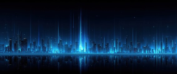 Night cityscape, futuristic city skyline with vibrant blue neon lights reflecting on dark water