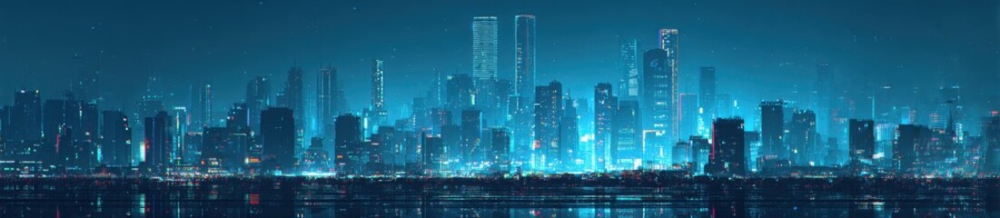 Fototapeta premium Futuristic city skyline at night, bathed in cool blues and neon lights. A panorama view of tall buildings, reflecting on calm water