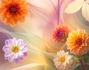 Obraz premium Autumn dahlia flowers with colorful leaves and delicate abstract background