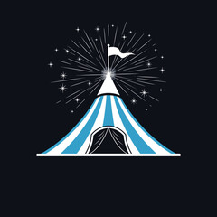 Whimsical big top circus tent under a starry night sky with fireworks bursting above the apex