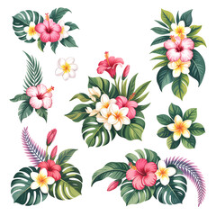 Fototapeta premium Vector illustration of exotic tropical flowers: hibiscus, plumeria, and lush foliage. Perfect for design projects, invitations, and more.