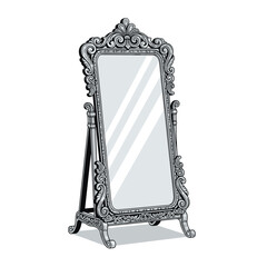 An ornate freestanding cheval mirror with an elaborately carved decorative frame and an easel back stand