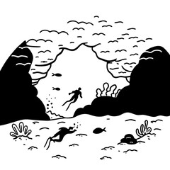Minimilist illustration of scuba divers exploring underwater cave with fish and coral reef in black and white style vector