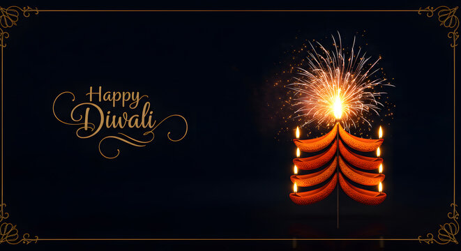 Happy diwali greeting card background with a firework and a lamp for a celebration