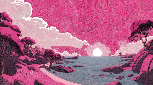 Vibrant pink landscape illustration featuring stylized trees, rocky shoreline, and a serene ocean at sunset, creating a dreamy and imaginative atmosphere for visual storytelling