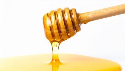 Honey dripping from wooden dipper into glass jar closeup macro isolated on clean white background