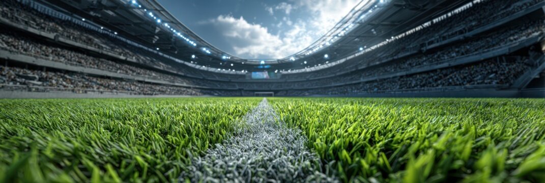 Spectacular view of a modern stadium with vibrant grass and cheering crowd during a sunny afternoon match