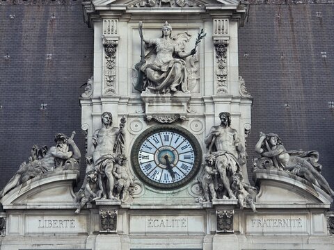 Clock and French Motto on the Façade of Hôtel de Ville, Paris City Hall