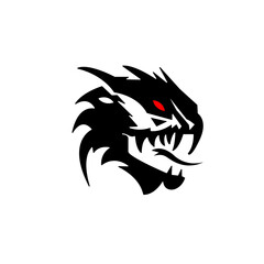 Black Dragon Head Logo, Red Eye Mythical Beast Icon, Fantasy Creature Illustration Isolated