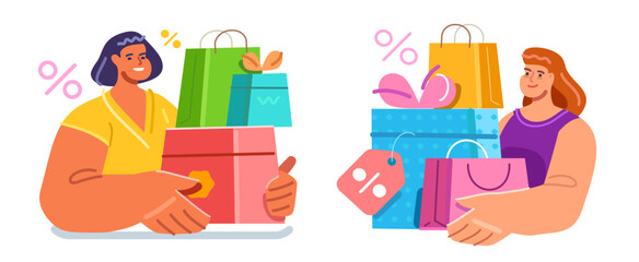Young happy woman with colorful shopping bags. Making purchases at retail store. Online shopping concept