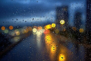 Obraz premium Raindrops on a window, night city lights blurred