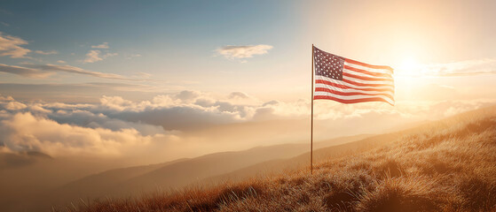 American flag waving on mountain peak at sunrise patriotic landscape