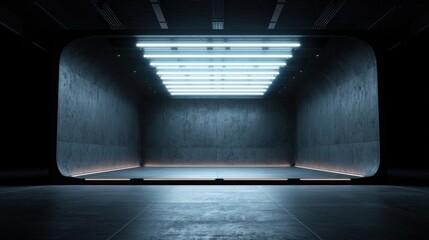 A spacious, modern studio features exposed concrete walls and an innovative lighting setup. The minimalistic design creates an inspiring environment for creative work.