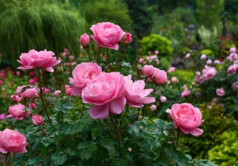 Lush pink roses in a garden bed.  Soft pink blossoms of various stages bloom amongst lush green foliage.  Background filled with more roses and greenery
