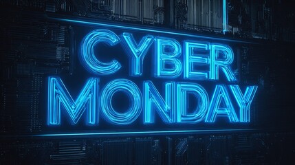 Cyber Monday Sale Banner with Neon Blue Text and Digital Shopping Event Design
