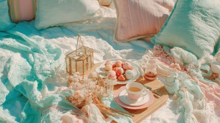 Fototapeta premium Cozy Romantic Bedside Breakfast Setup with Cupcakes and Tea in Soft Pastel Tones