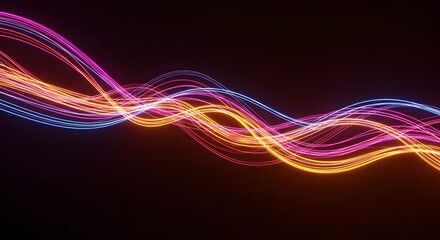 Futuristic digital art featuring glowing wavy lines of colorful energy and vibrant light trails flowing in a dynamic stream
