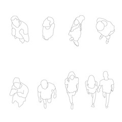 Set of 8 people line art - top view walking, standing, and couple poses.