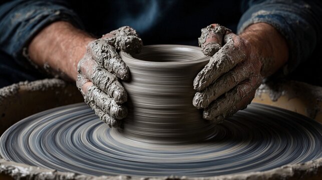 Crafting pottery on a spinning wheel with hands covered in clay during a creative session in a serene workshop environment