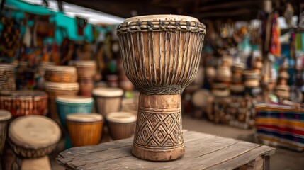 Handmade African Djembe Collection with Traditional Wood Carving and Musical Instruments