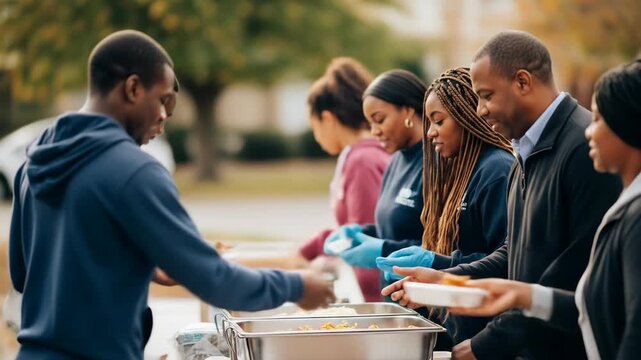 Group Of People Serve Food Outdoors On A Cloudy Day