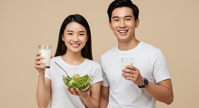 Healthy Asian couple with salad and milk smiling at the camera - Powered by Adobe