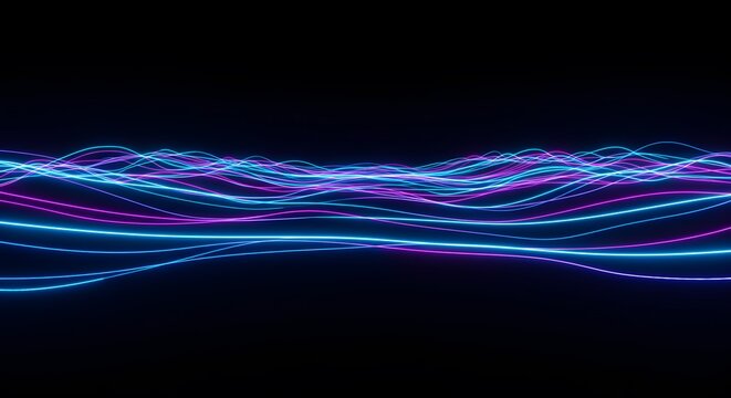 Futuristic visualization of digital data flow, with glowing blue and purple neon light waves creating an abstract energy stream