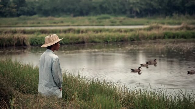 A man wearing a straw hat stands by a body of water. There are ducks in the water. Faceless farmer monitoring ducks in rice paddy integrated system, integrated farming system neutral muted rural tone