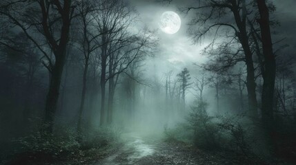 A narrow path meanders through a dense forest under the light of a full moon. Mist hangs in the air, creating an eerie atmosphere as trees loom in the darkness.