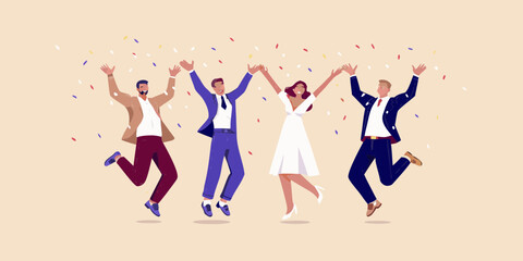 Diverse group of people in formal attire celebrating and jumping with confetti falling around them