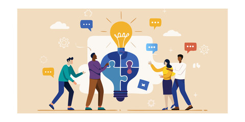 Diverse team collaborating to build a bright idea represented by a lightbulb puzzle