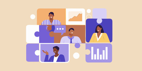 Diverse business professionals collaborating and sharing ideas in a virtual meeting with charts and graphs