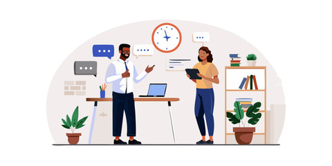 Diverse colleagues collaborating in an office discussing ideas with speech bubbles and a clock on the wall
