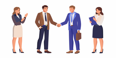 Fototapeta premium Business professionals shaking hands in agreement with colleagues observing and holding documents