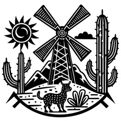 Minimilist black and white illustration of a desert landscape with a windmill and a spotted animal standing vector