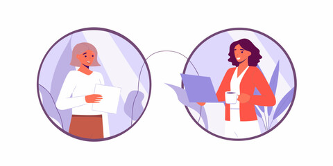 Two women collaborating remotely in a modern flat illustration style with a clean background