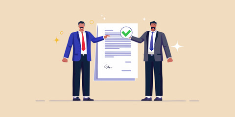 Two businessmen proudly presenting an approved contract with a green checkmark and sparkling highlights