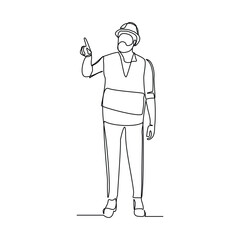 Continuous line drawing of standing building construction worker and engineering man. One line art of architect or engineer mechanic. Vector illustration editable stroke