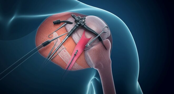 Minimally invasive arthroscopic surgery visualizing shoulder joint anatomy and advanced surgical instruments for precise repair.