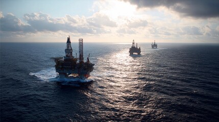 Obraz premium Oil rigs operate at sunset in the open ocean, showcasing industry advancements and maritime engineering