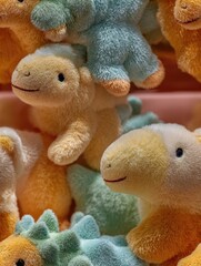 Playful plush dinosaur toys toy store product photography colorful background close-up view seamless tile concept