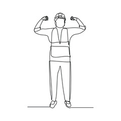 Continuous line drawing of standing building construction worker and engineering man. One line art of architect or engineer mechanic. Vector illustration editable stroke