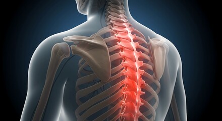 Detailed 3D rendering of a human spine highlighted in red, showcasing spinal cord and vertebrae for medical education and health awareness campaigns