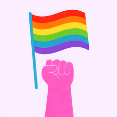Fototapeta premium Bright Rainbow Pride Flag Held by Raised Pink Hand on Minimal Light Background Symbolizing LGBTQ+ Rights, Equality, and Diversity Movement