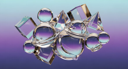 A surreal composition of floating glass spheres, prisms, and pyramids creating a harmonious abstract technological background with holographic effects