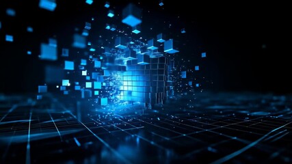 Dynamic abstract visualization of data, with glowing blue cubes exploding from a central structure on a futuristic grid, evoking a conceptual, technological mood. - Powered by Adobe